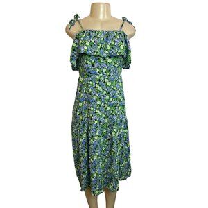 Hit Women's Green Floral Print Midi Loupette Sleeveless Dress Sz M